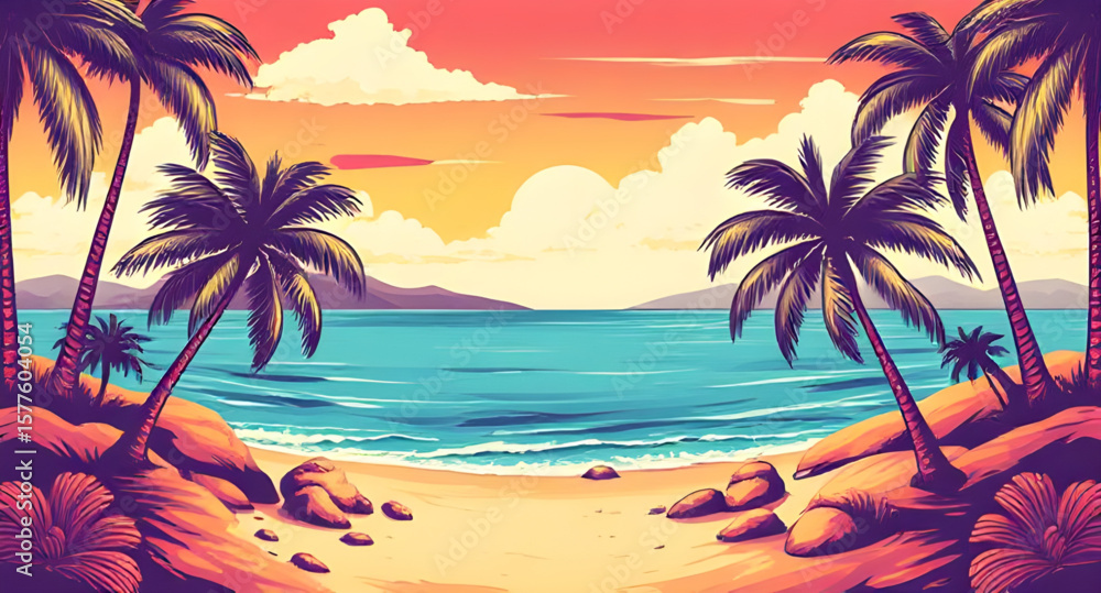 Obraz premium tropical beach, palm trees, beach landscape, tropical paradise, seaside view, ocean shoreline, sandy beach, turquoise water, tropical sunset, island beach, beach horizon, palm tree silhouette, beach v