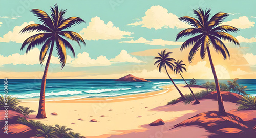 tropical beach, palm trees, beach landscape, tropical paradise, seaside view, ocean shoreline, sandy beach, turquoise water, tropical sunset, island beach, beach horizon, palm tree silhouette, beach v