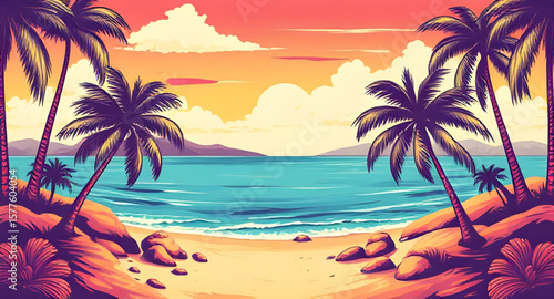 tropical beach, palm trees, beach landscape, tropical paradise, seaside view, ocean shoreline, sandy beach, turquoise water, tropical sunset, island beach, beach horizon, palm tree silhouette, beach v