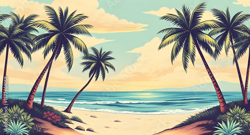 tropical beach, palm trees, beach landscape, tropical paradise, seaside view, ocean shoreline, sandy beach, turquoise water, tropical sunset, island beach, beach horizon, palm tree silhouette, beach v