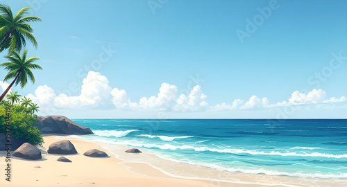 tropical beach, palm trees, beach landscape, tropical paradise, seaside view, ocean shoreline, sandy beach, turquoise water, tropical sunset, island beach, beach horizon, palm tree silhouette, beach v