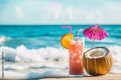 A pair of beach cocktails in a glass and in a coconut, generated AI