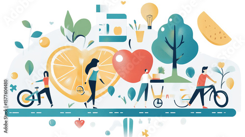 Illustration showing people riding bikes, a large heart, fruit slices, a tree, and wellness-related icons symbolizing health and an active lifestyle.