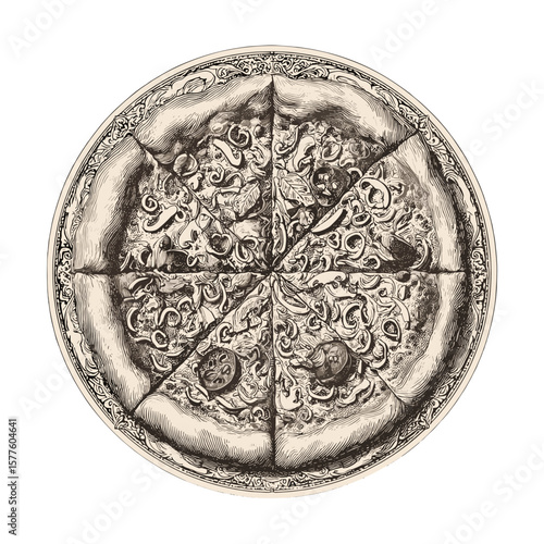 Vintage pizza with various toppings, sliced into wedges, perfect for culinary illustration and restaurant design, copy space