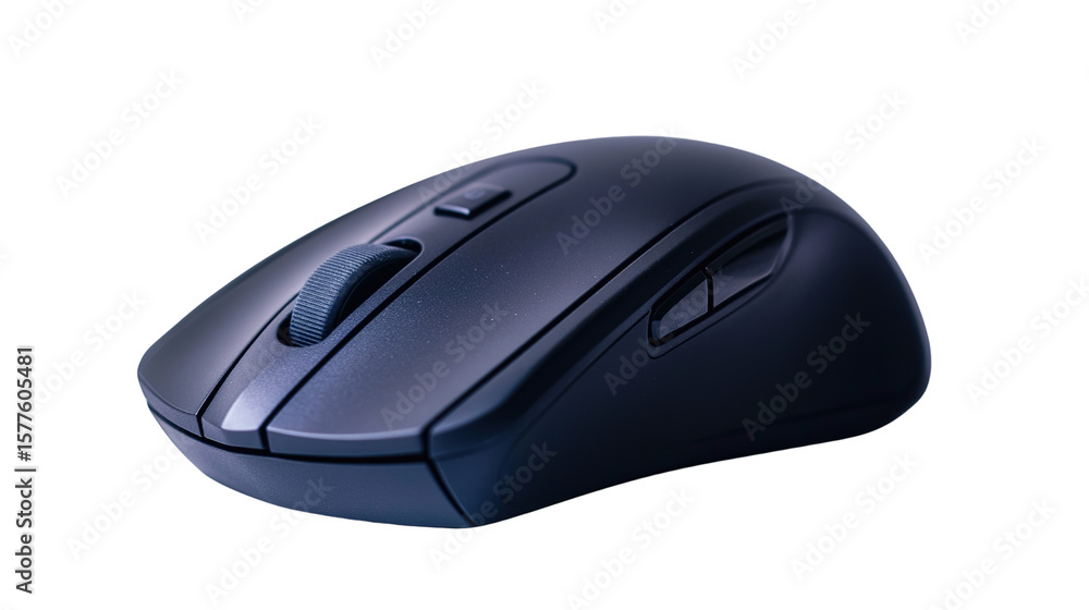 A sleek black wireless computer mouse with a scroll wheel and side buttons designed for ergonomic use. A sleek black wireless computer mouse with a scroll wheel and side buttons designed for ergonomic use.