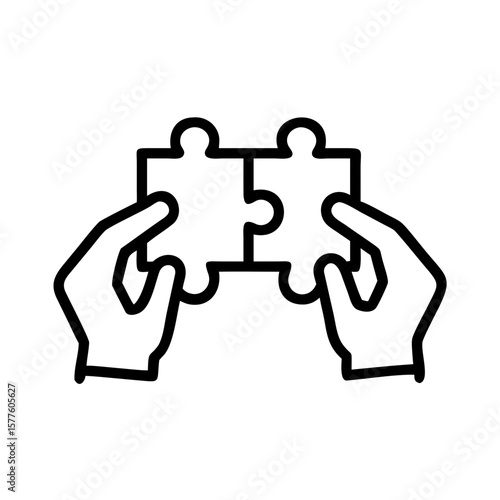 Hands holding puzzle pieces in monochrome line art style  