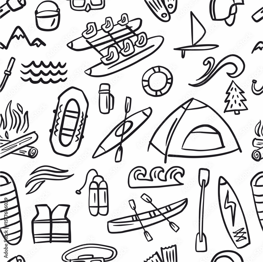 Fototapeta premium Vector seamless pattern from rafting and camping gear collection, hand drawn in doodle style