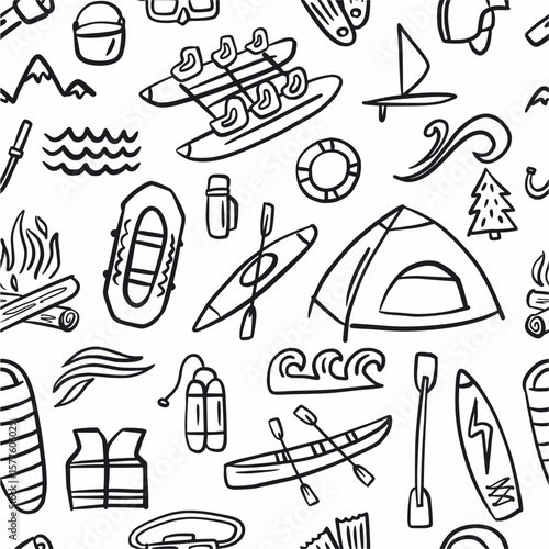 Vector seamless pattern from rafting and camping gear collection, hand drawn in doodle style