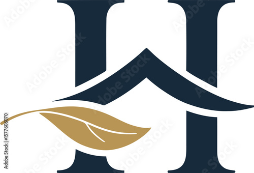 Dark blue letter "H" with a gold leaf crossing diagonally, evoking sophistication and nature on a white background.