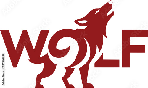 Red silhouette of a howling wolf integrated into the word "WOLF" on a white background, conveying boldness and wild spirit.
