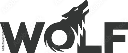 Bold black word "WOLF" with a stylized wolf head howling upwards integrated into the letters. The design is modern and depicts strength.