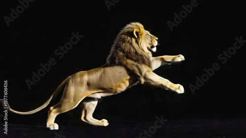 Majestic lion in mid-stride against a dark backdrop, showcasing its powerful physique and grace