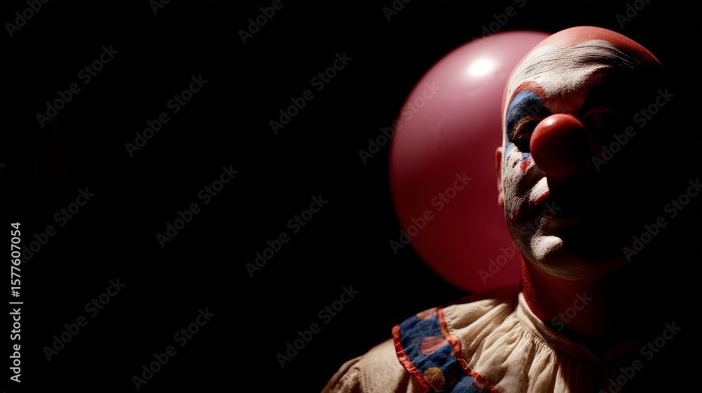 Naklejka premium A clown in the shadows, with a balloon for a head, with copy space