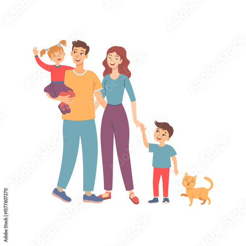 Happy Family Vector Portrait with Cat & Two Children