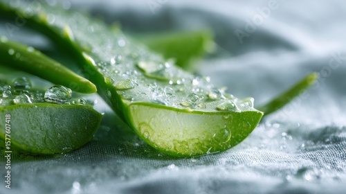 fresh aloe vera leaf, with delicate water droplets on the product surface, clean composition with generous negative space, natural skincare theme