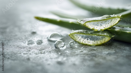 fresh aloe vera leaf, with delicate water droplets on the product surface, clean composition with generous negative space, natural skincare theme