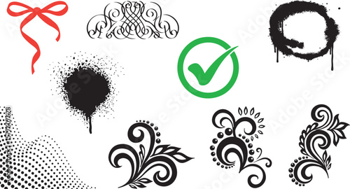 Collection of graphic design elements including a red ribbon bow and various black and green icons