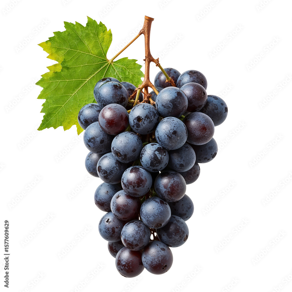 Fototapeta premium Isolated bunch of fresh concord grapes with a green leaf against a stark setting, ready for design