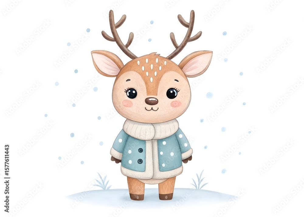 Fototapeta premium A cute deer wearing a blue jacket and scarf in the snow