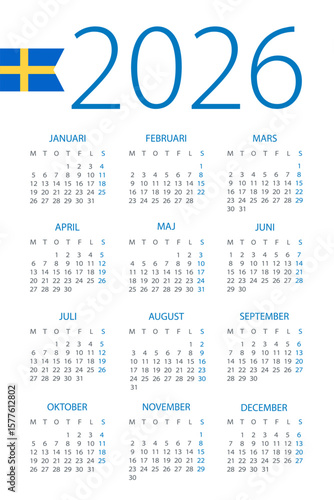 Calendar 2026 - illustration. Swedish version. Week starts on Monday