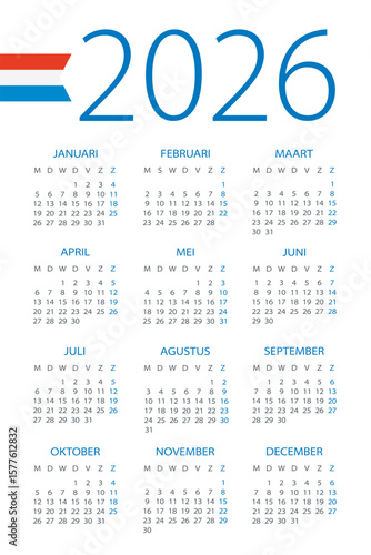 Calendar 2026 - illustration. Dutch version. Week starts on Monday