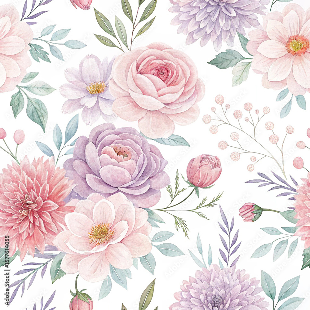 Fototapeta Seamless Watercolor Floral Pattern with Pink and Purple Peonies on White Background

