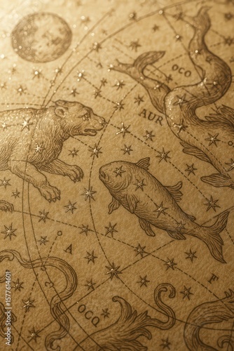 Vintage celestial map featuring constellations, prominently depicting a bear and fish, with shimmering star details and an antique aesthetic.