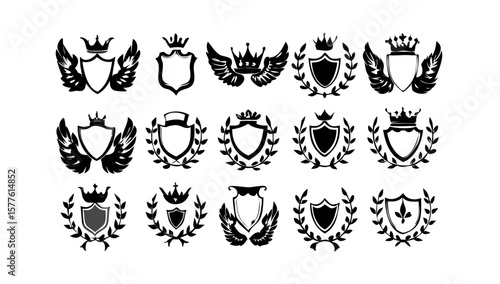 Collection of heraldic shields with crowns and wings vector design elements