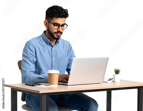 Man working on laptop at office desk with coffee, transparent background.