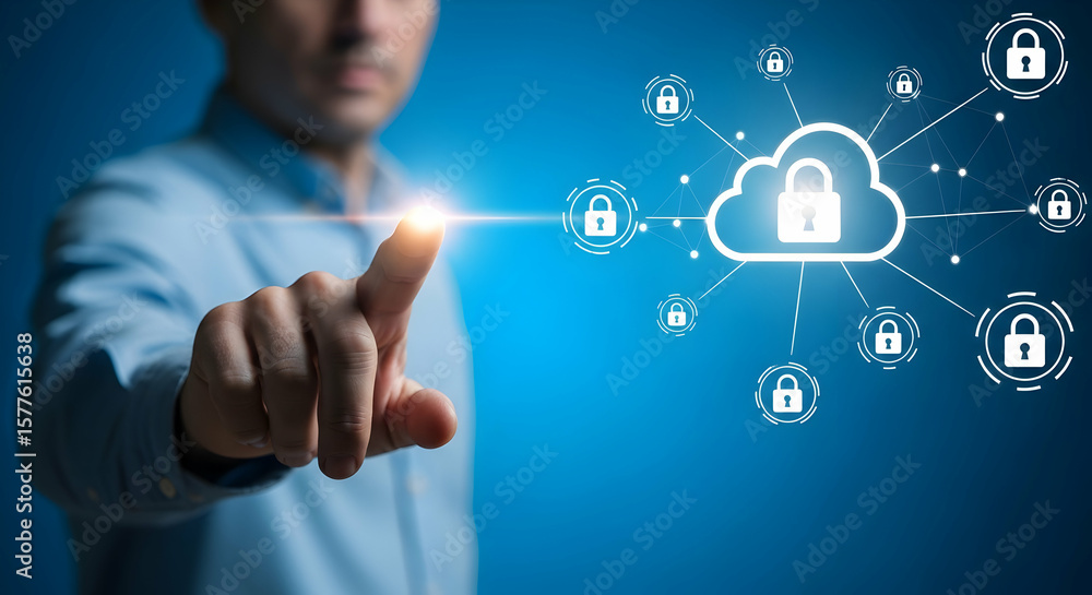 Obraz premium Security of cloud computing and server. Encryption networking and connect technology. Hand touching padlock icon on cloud storage icon.