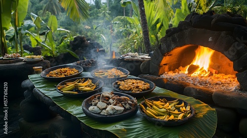 Cultural food being cooked on banana leaves over stone ovens in an outdoor feast setting 