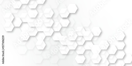 A subtle hexagon pattern background with interconnected shapes in soft gray and white. Simple abstract modern background White geometric hexagonal honeycomb shape texture background 3d copy space.	

