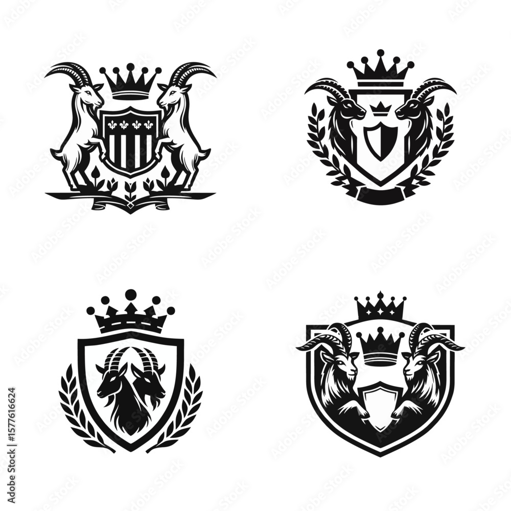Fototapeta premium royal crest goat holding shield and crown, isolated on white background