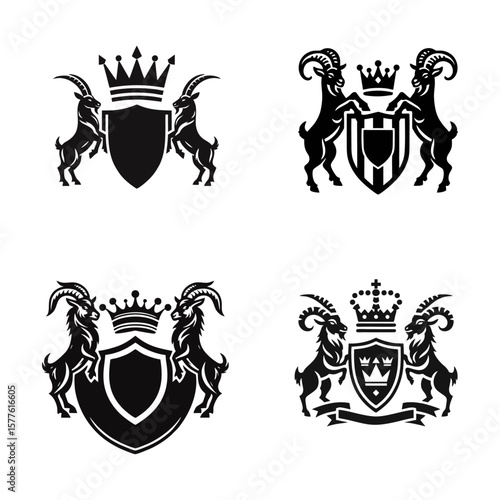 royal crest goat holding shield and crown, isolated on white background