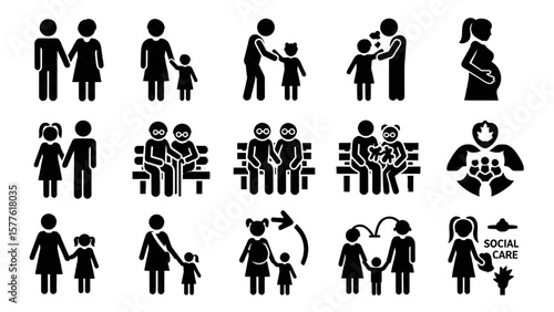 Family and Relationship Glyph Icon Set – Couple, Parenting, Child, Elderly, Pregnancy, Community, Social Care Vector


