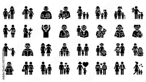 Family and Relationship Glyph Icon Set – Couple, Parenting, Child, Elderly, Pregnancy, Community, Social Care Vector

