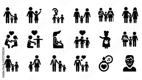 Family and Relationship Glyph Icon Set – Couple, Parenting, Child, Elderly, Pregnancy, Community, Social Care Vector

