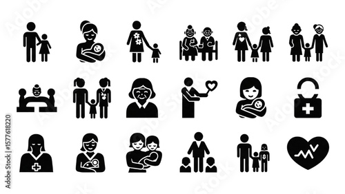 Family and Relationship Glyph Icon Set – Couple, Parenting, Child, Elderly, Pregnancy, Community, Social Care Vector

