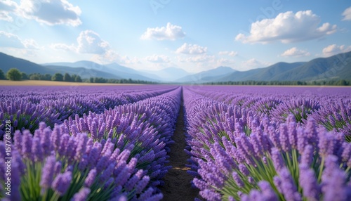 Lavender field blue sky distant mountains