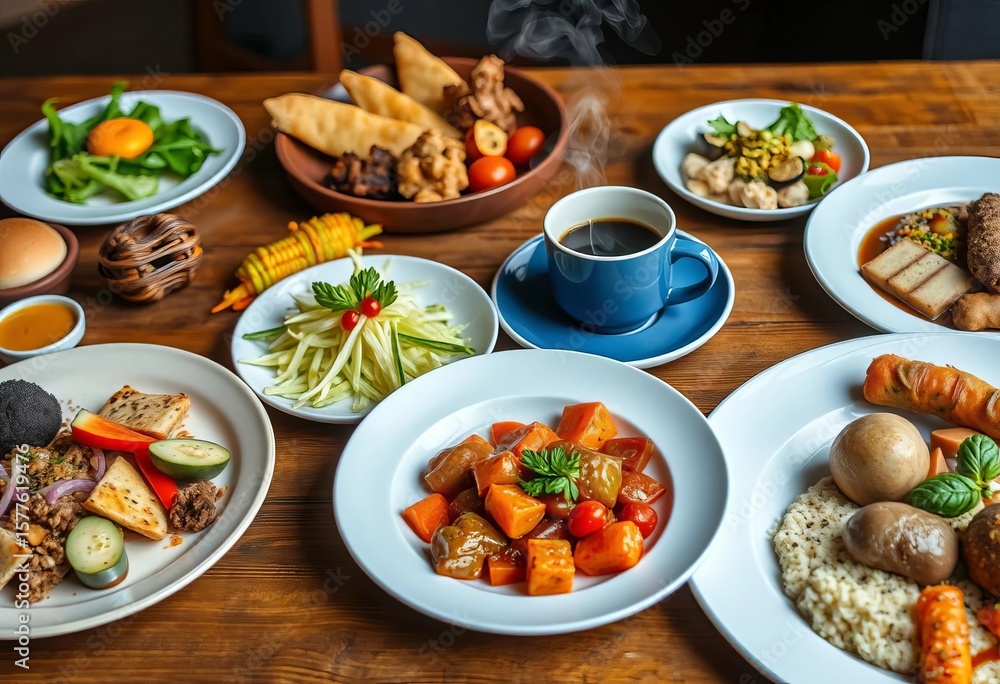 Rustic wooden table, diverse food plates, steaming coffee cup, table, healthy Rustic wooden table, diverse food plates, steaming coffee cup, table, healthy