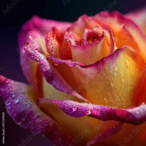 Close-up macro of a dewy pink rose blossom in natural spring light