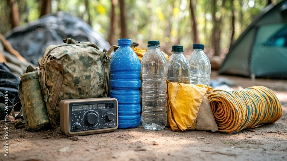 Fototapeta premium Camping gear, water bottles, radio, backpack