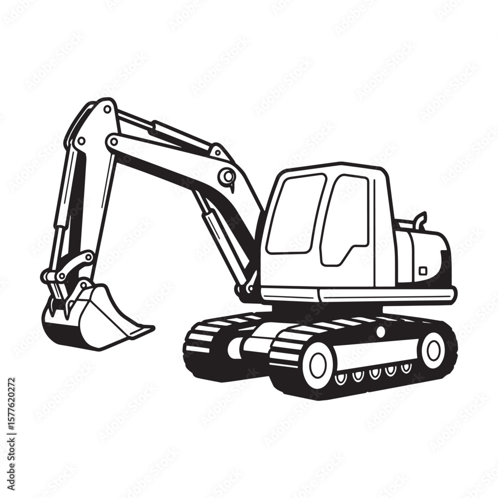 Naklejka premium Black and white illustration of a detailed and modern excavator on a white background