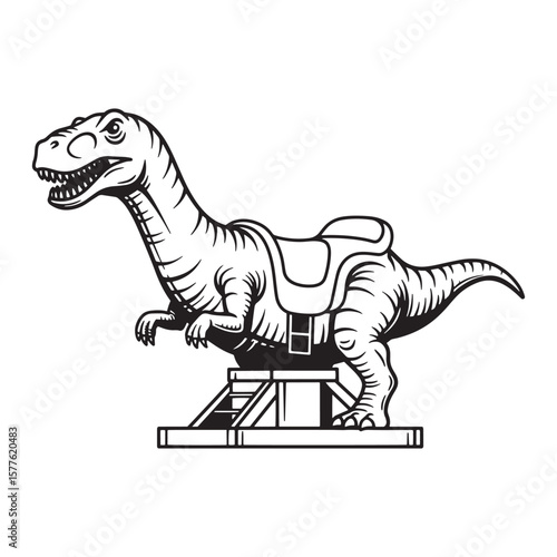 Black and white illustration of a dinosaur ride with a saddle on a platform