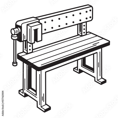 Black and white illustration of a workbench with a vise perfect for woodworking projects