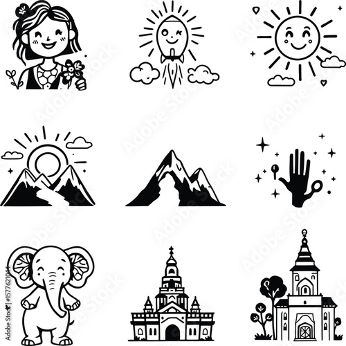 Vector doodle icons set girl rocket sun mountain elephant church hand magic cute happy travel 100 char