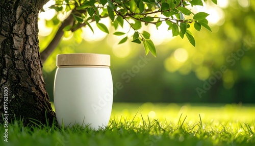 Simple white cremation urn with wooden lid placed beside a tree on grass, symbolizing eco-conscious burial and peaceful remembrance.