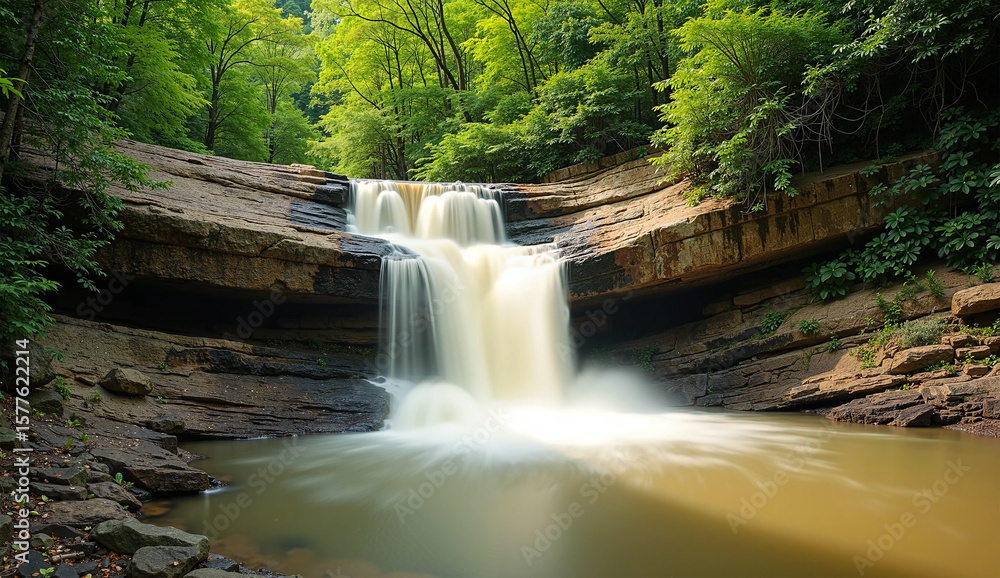 Obraz premium Beautiful natural waterfall cascades through a green forest stream over rocks