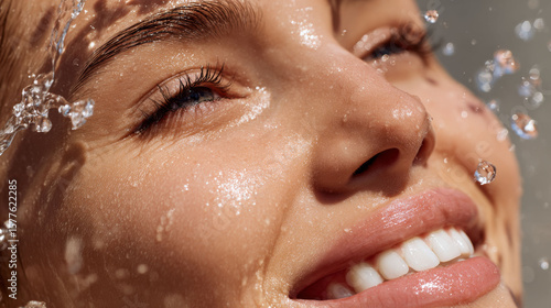 Happy woman face water splash closeup smiling fresh skin beauty wellness