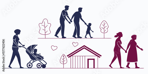 Family Generations and Parenting Styles Illustrated with Walking Figures, Stroller, and Home Icons in Minimalist Flat Design
